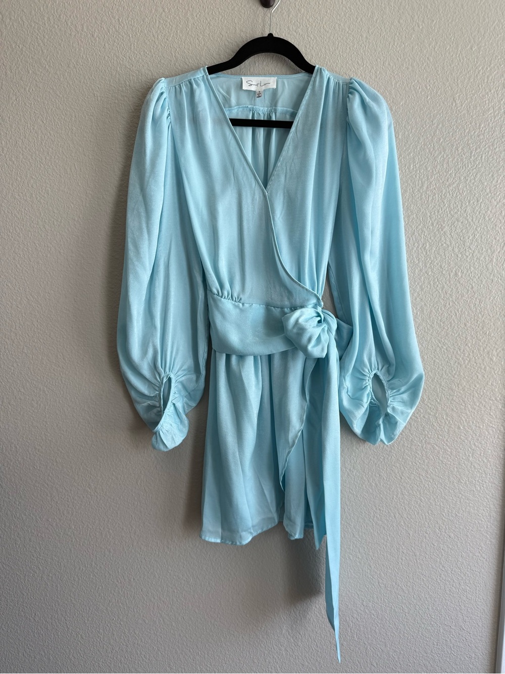 Light Blue Long Sleeve Wrap Mini Dress with Tie